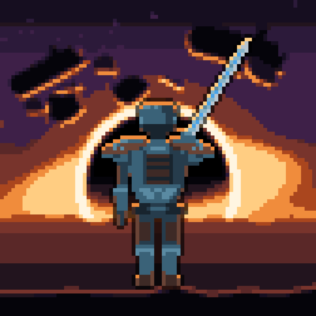 A player in steel-blue armour, sword on shoulder, faces a black dead star ringed in fire, with derelict ships drifting overhead