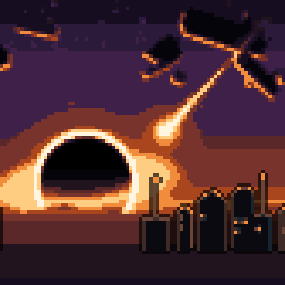 A burning wreck streaks down from the band of dead ships toward the lit windows of a town, a black dead star low on the horizon